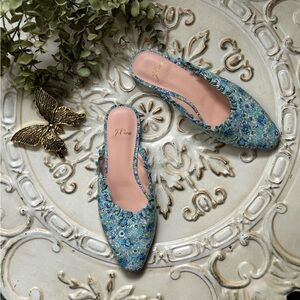 J.Crew Liberty Ruffle Mules Aqua Lime Multicolor Size 7.5 JCrew 7 1/2 Flats